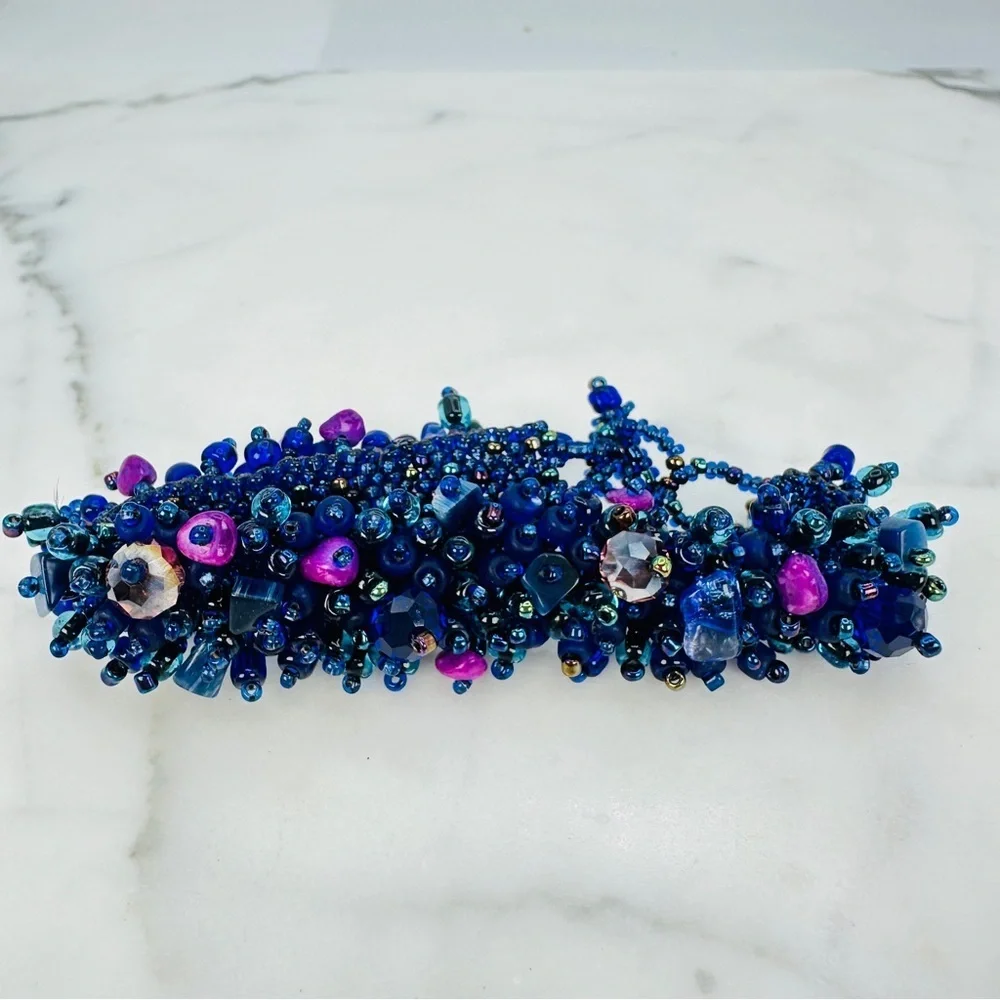 Purple and Blue Handmade Glass Bead Bracelet With Natural Stones Bead Stew 7”